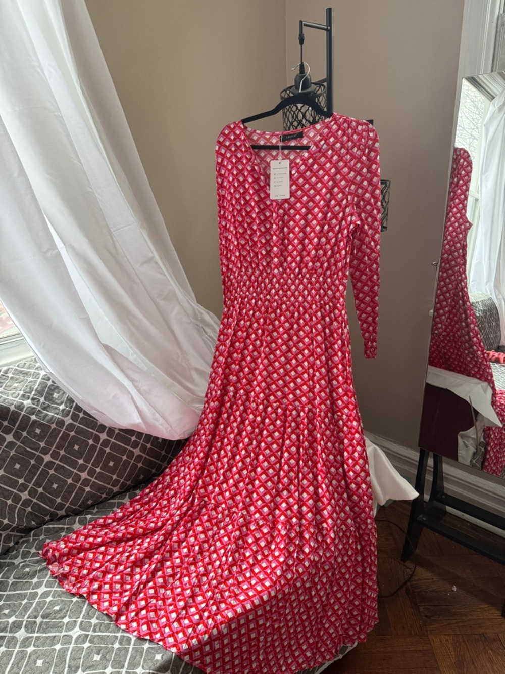 Printed Red Long-Sleeve Maxi Dress with Smocked Waist